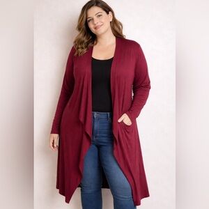Sarah Sue Women’s L/XL Burgundy Long Open Front Duster Cardigan Elegant Layering